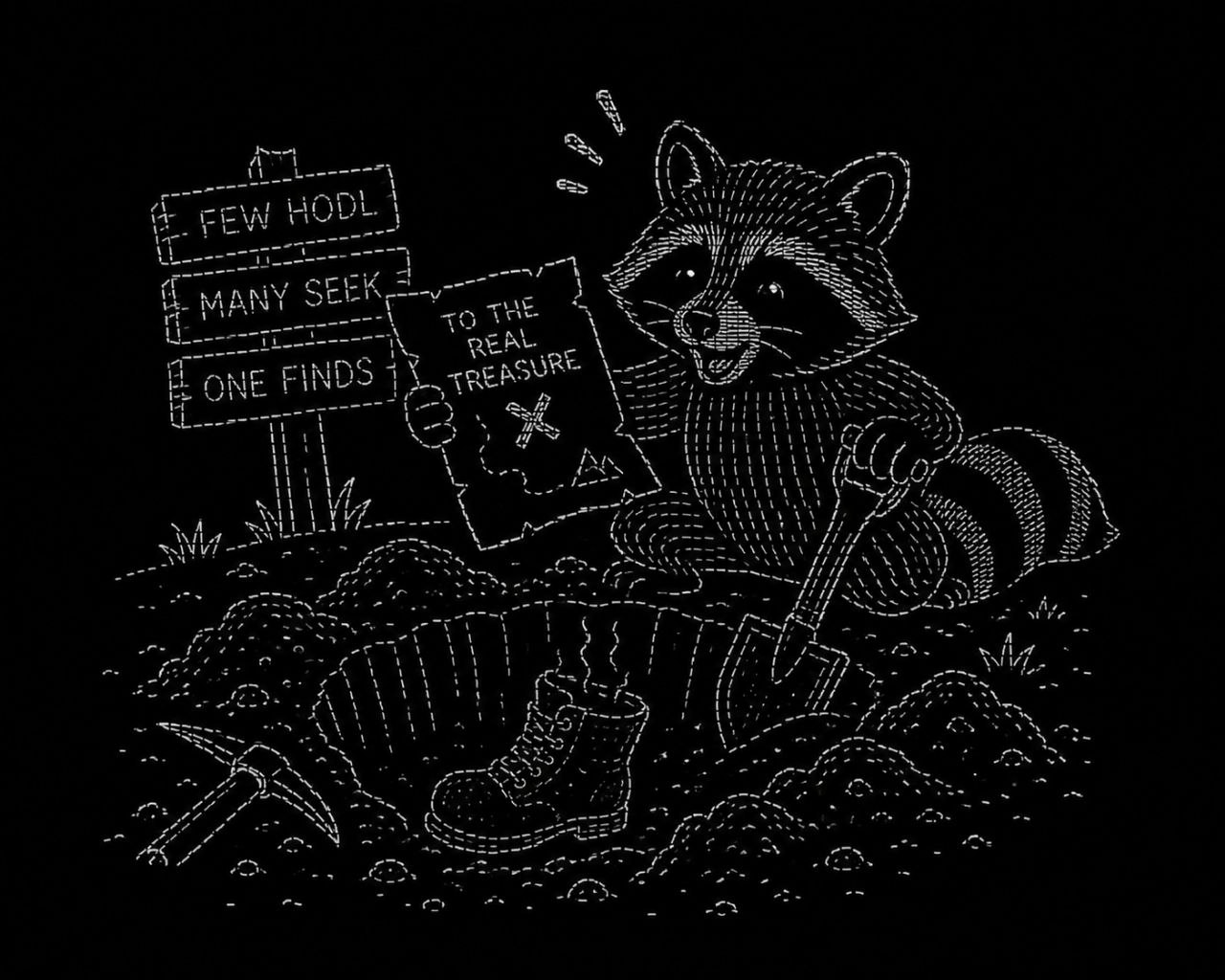 Cartoon ASCII raccoon digging for treasure